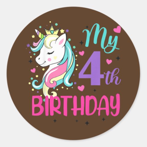 Kids My 4th Birthday Cute Unicorn Lover Birthday Classic Round Sticker