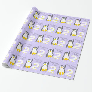 Kids name age 2 cute penguin birthday pattern wrap wrapping paper