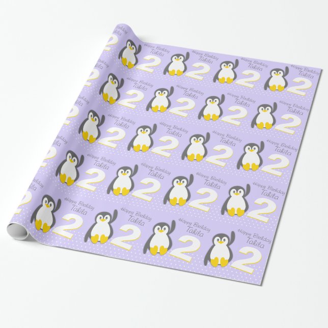 Kids name age 2 cute penguin birthday pattern wrap wrapping paper (Unrolled)