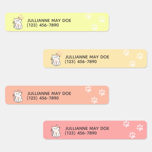 Kids Name and Phone Cute Cat Waterproof Labels (Group)