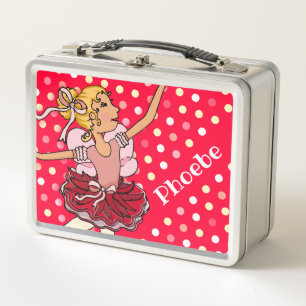 Kids name ballerina blonde girl red pink lunch box