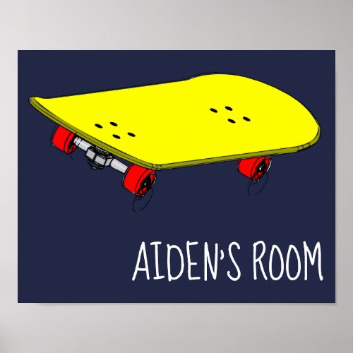 Kids name bedroom art Yellow skateboard cool teen Poster