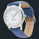 Kids Name Blue Leather Strap Boys Custom Watch<br><div class="desc">Custom, personalized, kids boys fun cool stylish snazzy blue leather strap, stainless steel case, wrist watch. Simply type in the name. Go ahead create a wonderful, custom watch for the lil boy in your life - son, brother, nephew, grandson, godson, stepson. Makes a great custom gift for birthday, graduation, christmas,...</div>