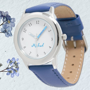 Kids Name Blue Leather Strap Boys Custom Watch