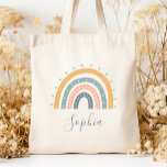 Kids Name Boho Pastel Earth Tones Tote Bag<br><div class="desc">This tote bag features a boho rainbow in muted pastel earth tones of gray,  peach,  green and gold. Personalize it with her name in gray handwriting script.</div>
