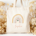 Kids Name Boho Pastel Earth Tones Tote Bag<br><div class="desc">This tote bag features a boho rainbow decorated with a heart and polka dots in muted pastel earth tones of gold,  terracotta,  beige,  dusty rose,  green and ivory. Personalize it with her name in terracotta handwriting script.</div>