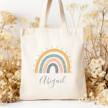 Kids Name Boho Pastel Earth Tones Tote Bag<br><div class="desc">This tote bag features a boho rainbow in muted pastel earth tones of gray,  peach,  green and gold. Personalize it with her name in gray handwriting script.</div>