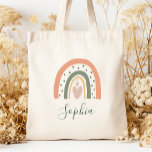 Kids Name Boho Rainbow Heart Earth Tones Tote Bag<br><div class="desc">This tote bag features a boho rainbow decorated with hearts and polka dots in earth tones of green,  terracotta and dusty rose. Personalize it with her name in dark green handwriting script.</div>