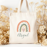 Kids Name Boho Rainbow Heart Earth Tones Tote Bag<br><div class="desc">This tote bag features a boho rainbow decorated with hearts and polka dots in earth tones of green,  terracotta and dusty rose. Personalize it with her name in dark green handwriting script.</div>