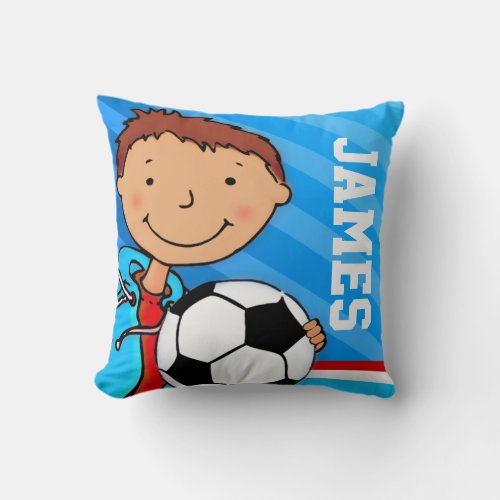 Kids name boys football soccer blue pillow cushion