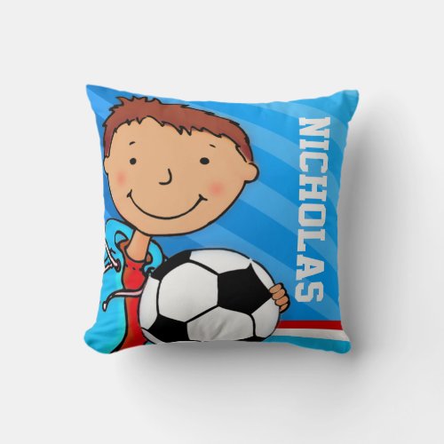 Kids name boys football soccer blue pillow cushion