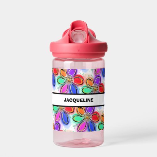 Kids NAME Colorful Artsy Flowers  Water Bottle