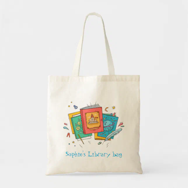 Kid's name cute books library bag Zazzle