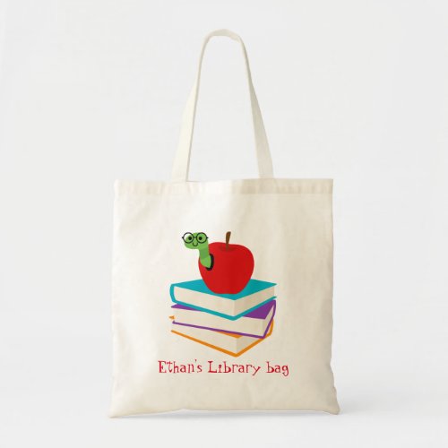 Kids name cute bookworm library bag