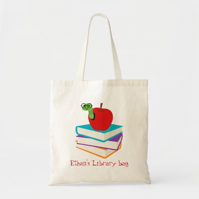 Kid's name cute bookworm library bag (Front)