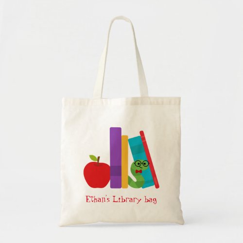 Kids name cute bookworm library bag