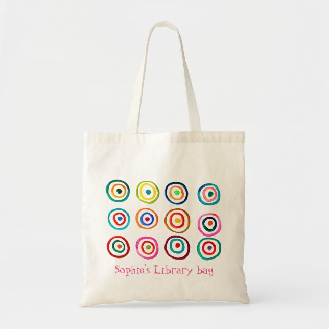 Kid's name cute circles book library bag (Front)