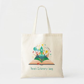 Kid's Name Cute Rocket Book Library Bag by Juicyhues at Zazzle