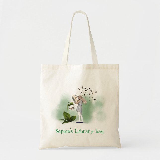 Kid's name cute whimsical books library bag (Front)