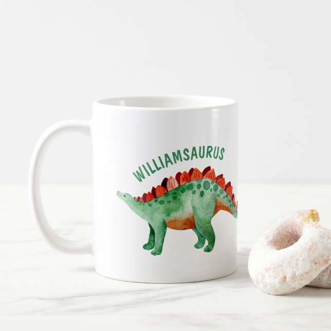Kids Name Funny Watercolor Dinosaur  Coffee Mug (With Donut)
