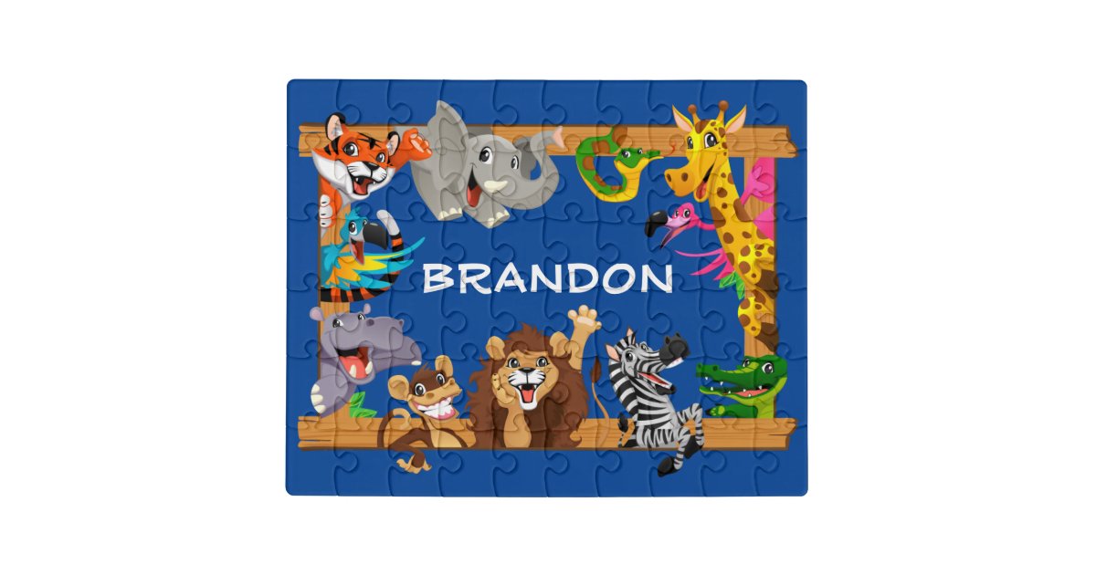 Kids Name Jungle Safari Cute Animals Blue Jigsaw Puzzle | Zazzle