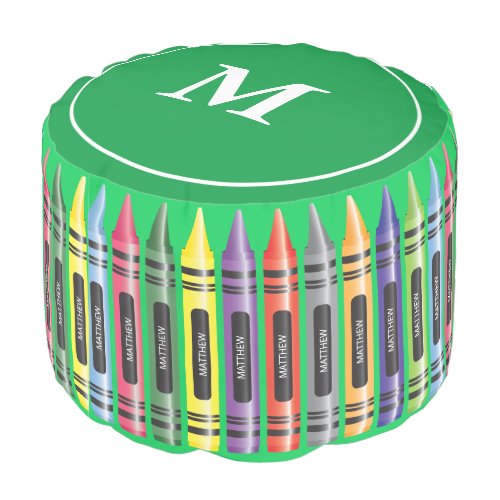 Kids Name Multicolor Crayons Monogram Round Pouf