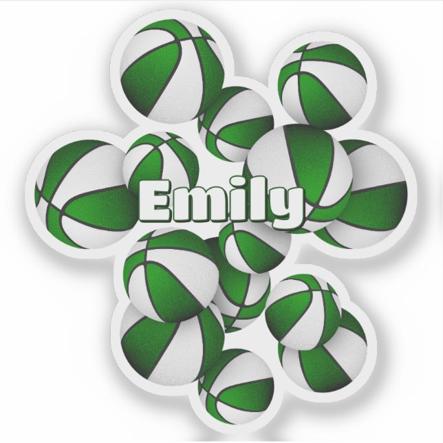 kids name on green white team colors basketballs sticker (Front)