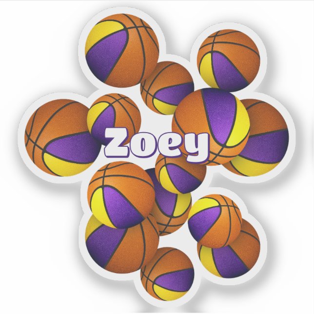 kids name on purple gold team colors basketballs sticker (Front)