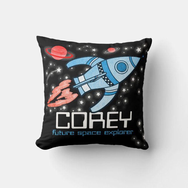 Kids name rocket space explorer blue Corey pillow (Front)