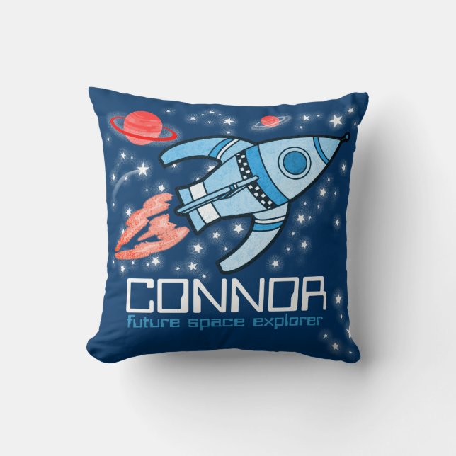 Kids name rocket space explorer blue pillow (Front)