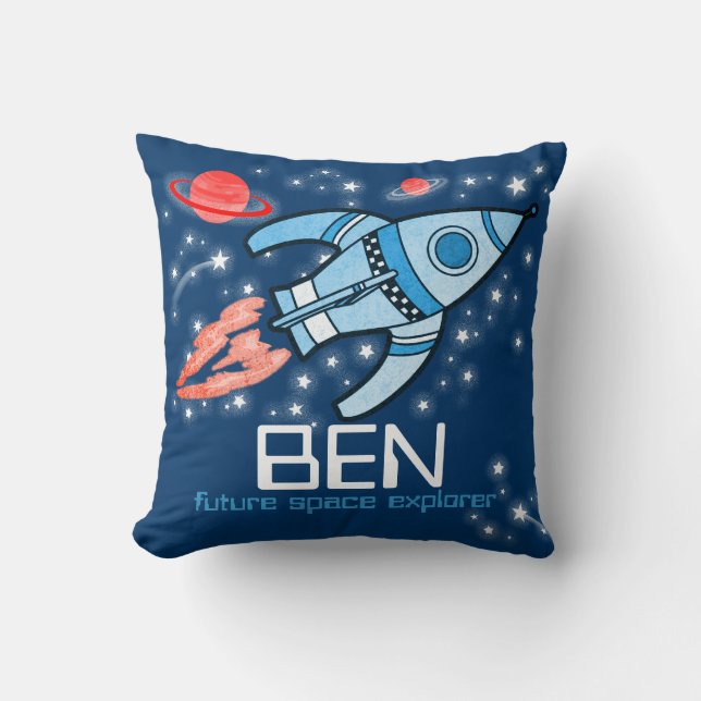 Kids name rocket space explorer blue pillow (Front)