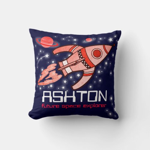 Kids name rocket space explorer navy red pillow