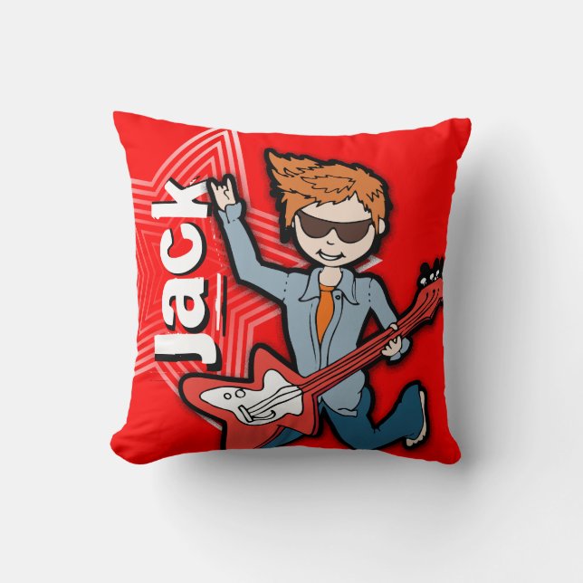 Kids name rockstar guitar boy bright red pillow (Front)