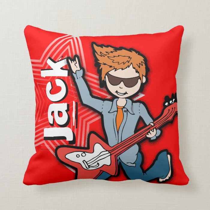 Kids name rockstar guitar boy bright red pillow
