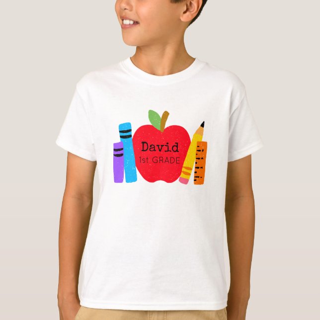 Kids NAME School GRADE Apple Books Pencils Fun T-Shirt (Front)