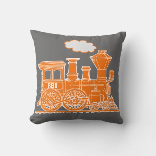 Kids name steam train orange grey throw pillow