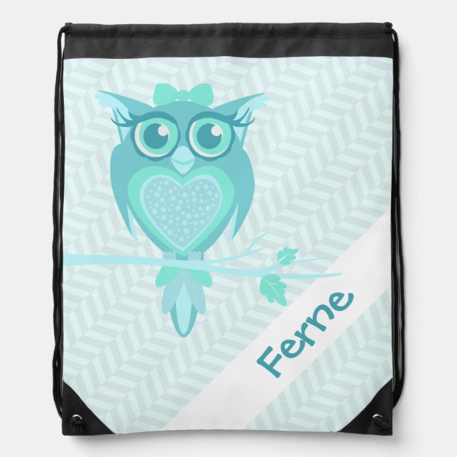 Kids name teal chevron owl drawstring bag (Front)