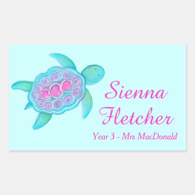 Kids named ID turtle hearts pink aqua stickers (Front)