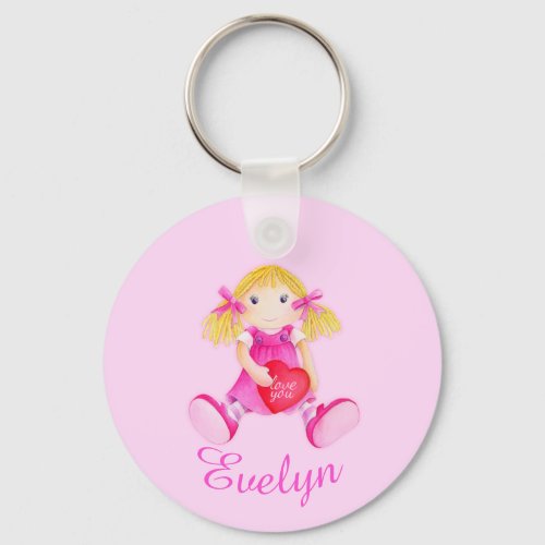 Kids named pink doll whimsical art keychain