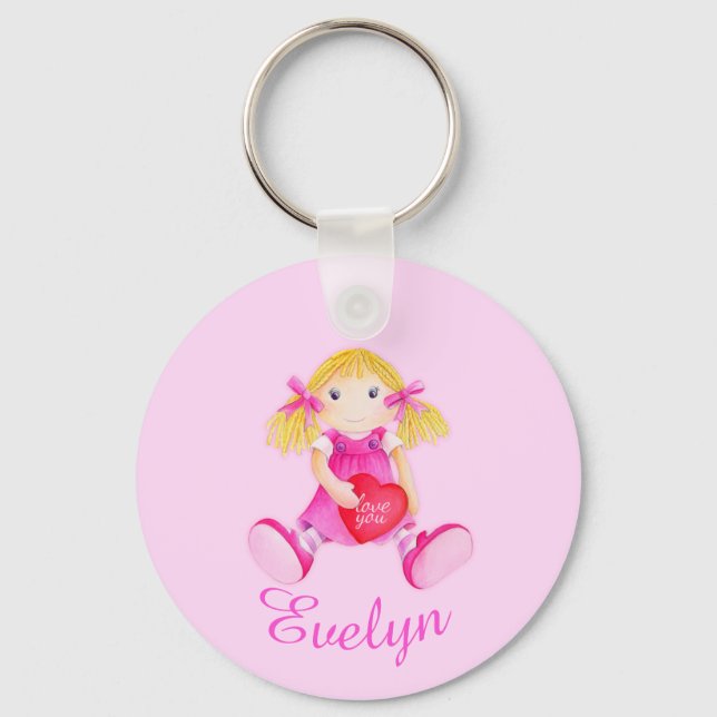 Kids named pink doll whimsical art keychain (Front)