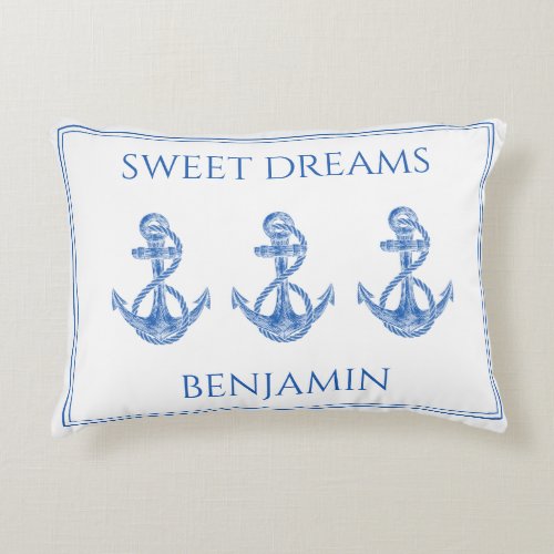 Kids Nautical Blue and White Anchors Personalized Accent Pillow
