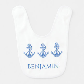 Kids Nautical Blue and White Anchors Personalized Baby Bib
