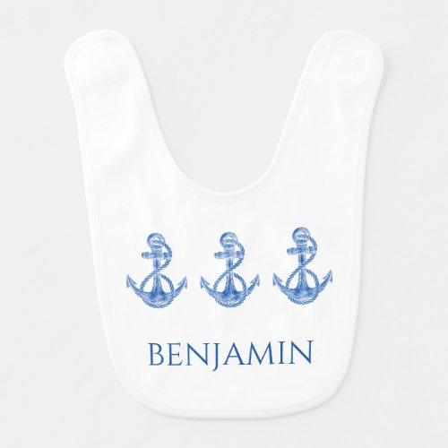 Kids Nautical Blue and White Anchors Personalized Baby Bib