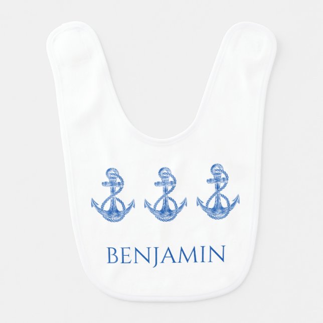 Kids Nautical Blue and White Anchors Personalized Baby Bib (Front)