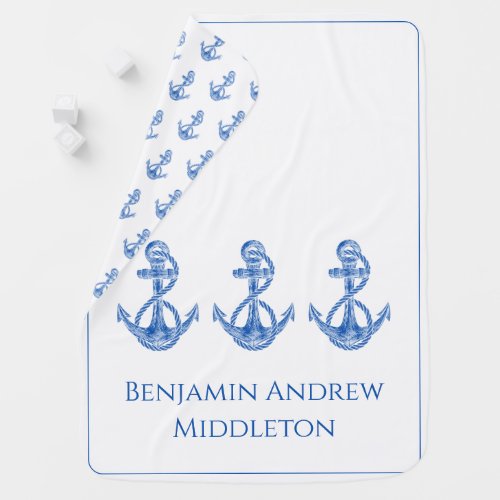 Kids Nautical Blue and White Anchors Personalized Baby Blanket