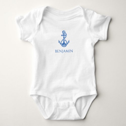 Kids Nautical Blue and White Anchors Personalized Baby Bodysuit
