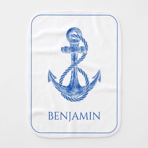 Kids Nautical Blue and White Anchors Personalized Baby Burp Cloth