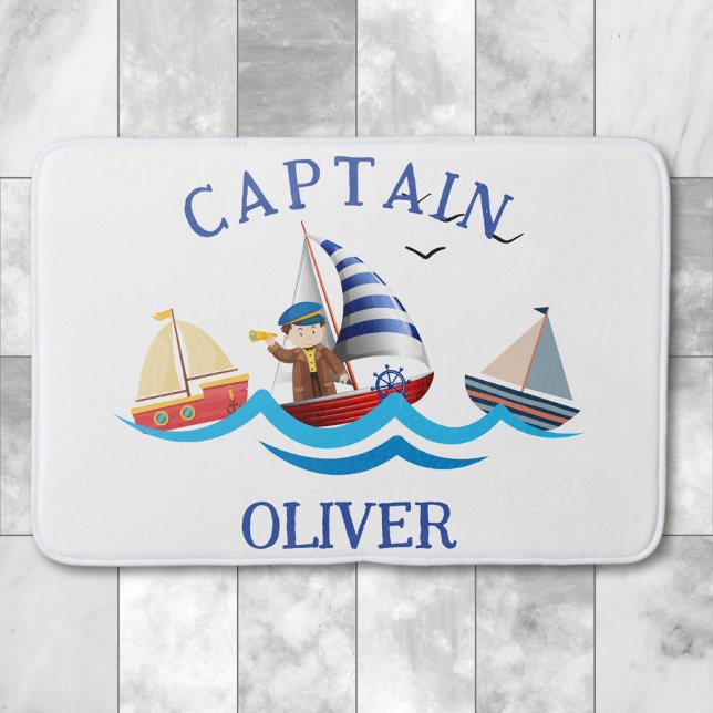 Kids Nautical Boat Captain Personalized Bath Mat (Creator Uploaded)