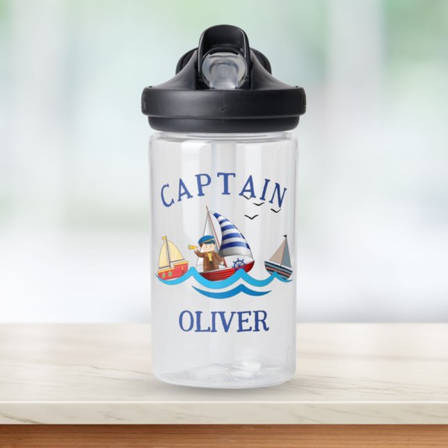 Kids Nautical Boat Captain Personalized Water Bottle (Creator Uploaded)