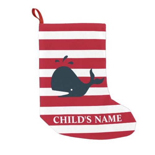 Kids Nautical Navy Blue Whale Red Stripes Custom Small Christmas Stocking